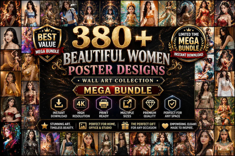 380+ Women Portrait Prints Boho Glam Modern Wall Art